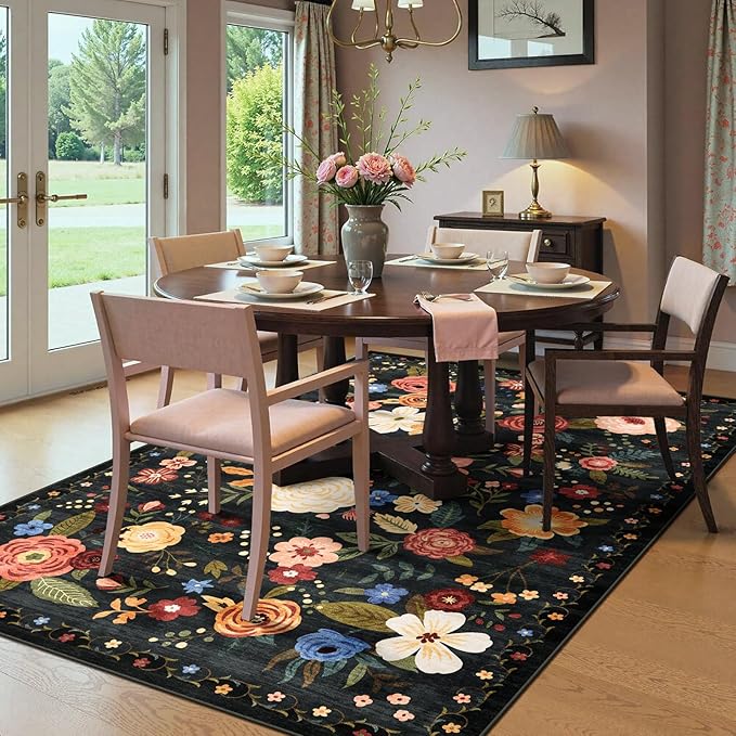 5x7 Washable Area Rug for Living Room, Floral Non-Slip Non-Shedding & Easy Care, Soft Low Pile Boho Indoor Floor Carpet for Living Room, Bedroom, Farmhouse, Dining Room, Kids Playroom, Black