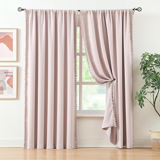 Treatmentex Pink Half-Blackout Curtains 54" Pink Pompoms Curtain Panels for Nursery Room Darkening Thermal Curtain Drapes for Baby Girls Rod Pocket 2pcs