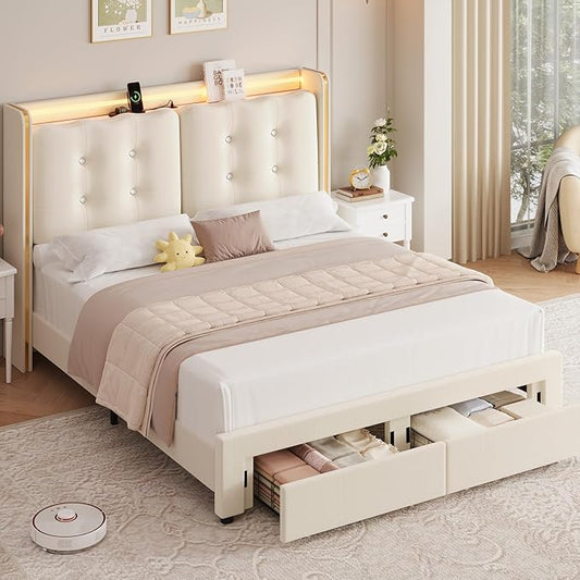 HITHOS Upholstered Full Led Bed Frame with Charging Station and Storage Drawers, Velvet Princess Platform Bed Frames with Crystal-Button Tufted Headboard for Girls and Kids, No Box Spring Need, Beige