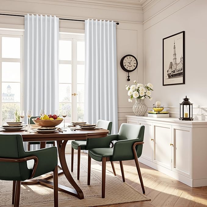 Guken White Linen 100% Blackout Bedroom Curtains 96 Inches Long 2 Panel Sets Hook Belt Back Tab Linen Textured Room Darkening Heat Blocking Soundproof Curtain for Living Room Patio Door 52x96 8Ft