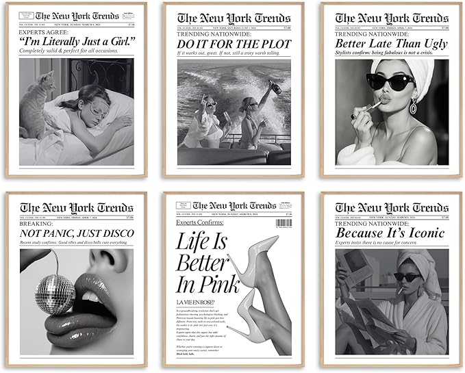 uniro Trendy Newspaper Wall Art Prints, Vintage Black & White Newspaper Wall Decor Aesthetic Pictures, Retro Girly Dorm Room Decor, Funky Bathroom Wall Decor Disco Poster for Teen Girl Bedroom Apartment, Bar Cart decor - Unframed