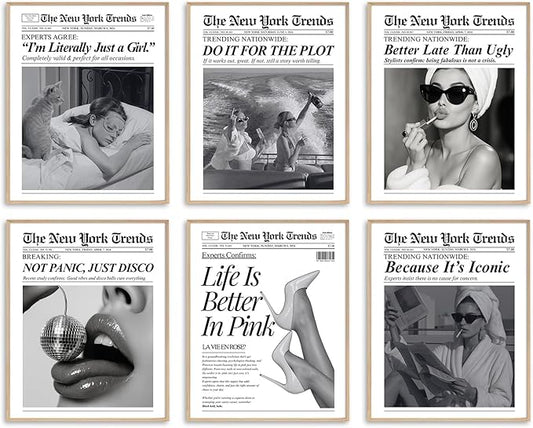 uniro Trendy Newspaper Wall Art Prints, Vintage Black & White Newspaper Wall Decor Aesthetic Pictures, Retro Girly Dorm Room Decor, Funky Bathroom Wall Decor Disco Poster for Teen Girl Bedroom Apartment, Bar Cart decor - Unframed