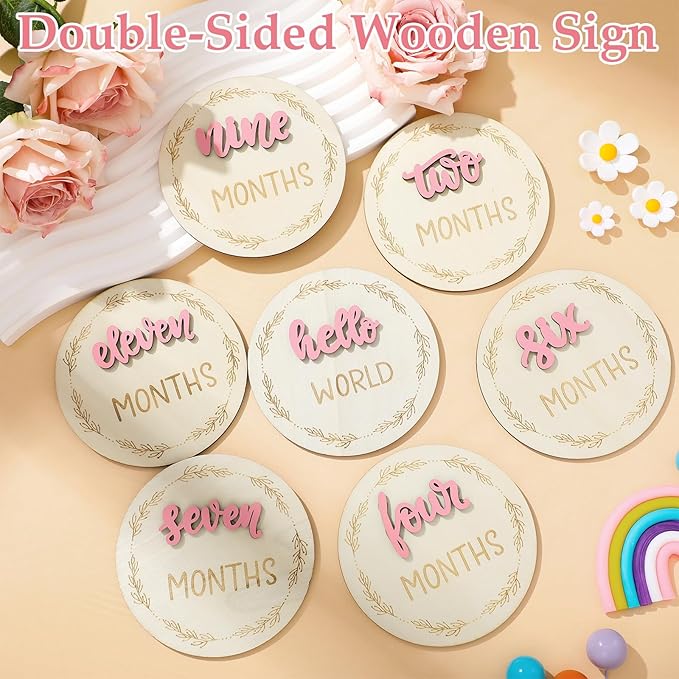 7 Pcs Months Baby Milestone Signs, 3D Pink Baby Monthly Milestone Cards Milestone Wooden Circles for Newborn Boy Girl 1-12 Months Baby Milestone Pictures (Double Sided)