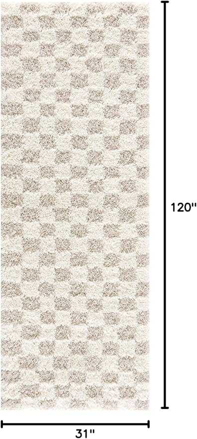 BoutiqueRugs Atira Modern Checkered Shag Runner Rug - High Pile Fluffy Shaggy Carpet for Hallway, Kitchen, Nursery, Playroom - Beige, Cream, White - 2'7" x 10' (2x10)