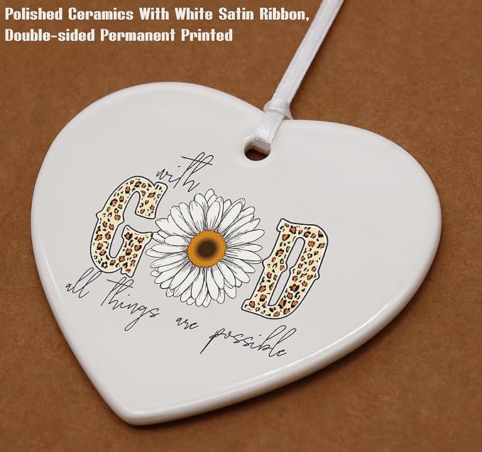 Heart Shaped Christmas Ornament-Christian Scripture Bible Verse Gift for Women Girls-Inspirational Affirmation with God All Things are Possible Faith Religious Keepsake Decor