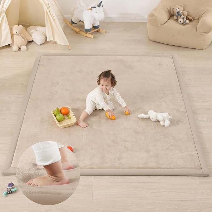1.3" Thick Foam Baby Play Mat Extra Large 79x158, Basic Padded Plush Tummy Time Crawling Mat, Non-Slip Support Area Rug for Playroom Nursey Living Room (Beige)