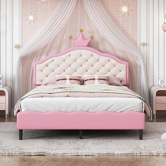 Bellemave Full Size Princess Bed Frame with Lovely Crown Shaped Headboard for Girls,Upholstered Platform Bed with Slats Support,Twin Girls Bed,Pink Cream