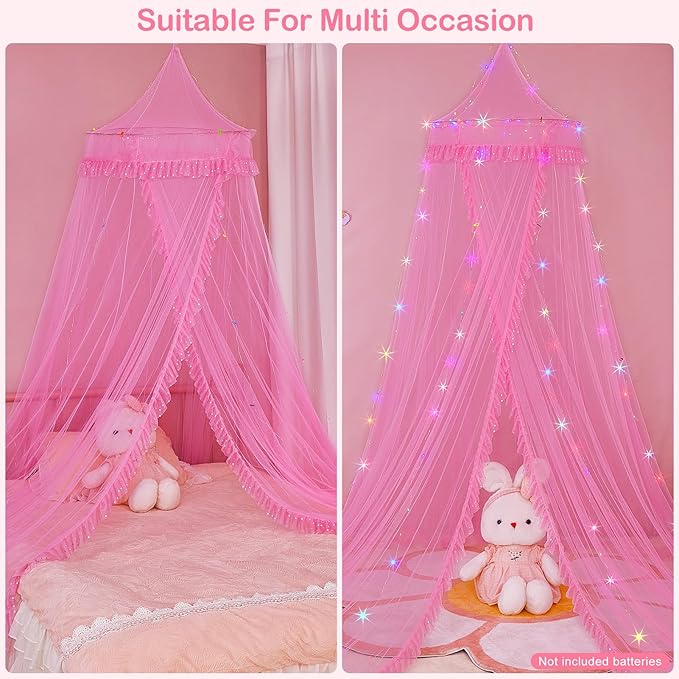 Beinou Bed Canopy for Girls with Timer Remote Canopy Bed with Lights Breathable Net Canopy for Bed Kids Girls Room Decor,Pink