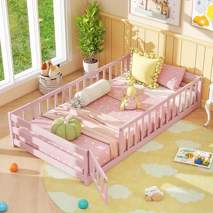 Giantex Twin Floor Bed with Door & Fence, Kids Wood Montessori Beds with Safety Guardrails, Floor Bed Twin for Kids, Boys, Girls, No Box Spring Needed, Pink