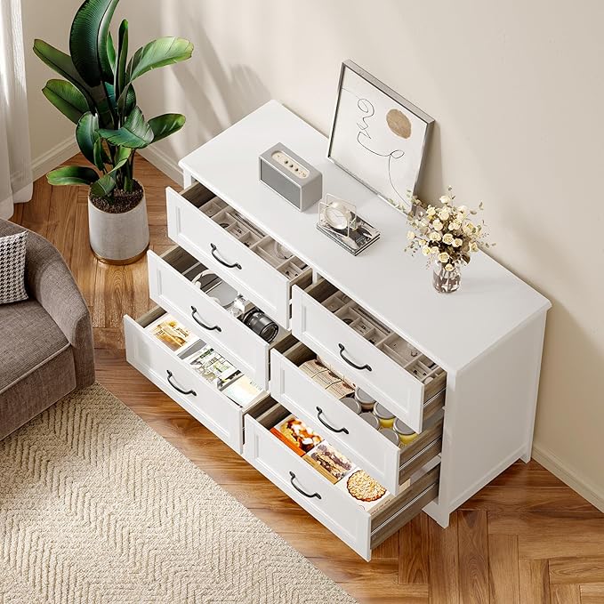 Gizoon 6 Drawer Dresser for Bedroom，47'' Larger Chest of Drawers with Mental Handle for Kids Room, White Dresser with 6 Storage Drawers for Living Room, Entryway and Hallway, White