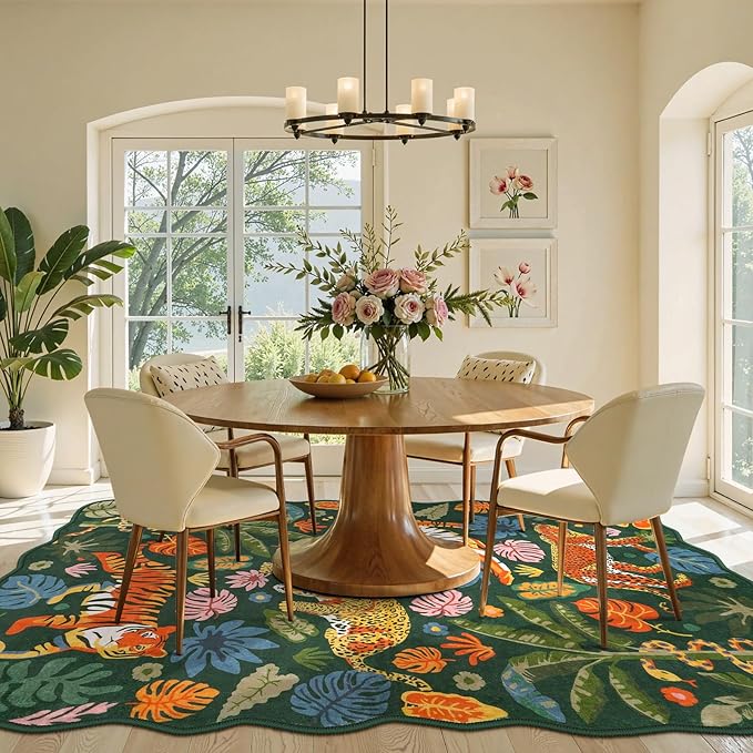 LEEVAN 5x7 Animal Area Rugs Washable Green Tiger Living Room Rugs Non Slip Scalloped Tiger Bedroom Rug Low Pile Leopard Nursery Floor Carpet Jungle Leaf Print Kids Rug