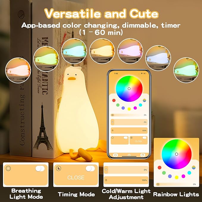 Cute Duck Night Light with Color Changing, APP/Tap Fun Lying Flat Duck Lamp with Rubber Duck Gift,Soft Silicone Nursery Nightlight,Dimmable/Timing Bedside Lamp,White Elephant Xmas Gifts for Baby Kids