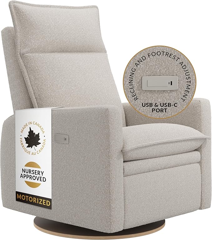 Arya Modern Nursery Chair Glider Recliner with 180° Swivel - Cozy Motorized Reclining Nursing Chair with USB Ports, Gentle Motion, Ergonomic Design, Canadian-Made (Vanilla/Beyond Sheep Fabric)