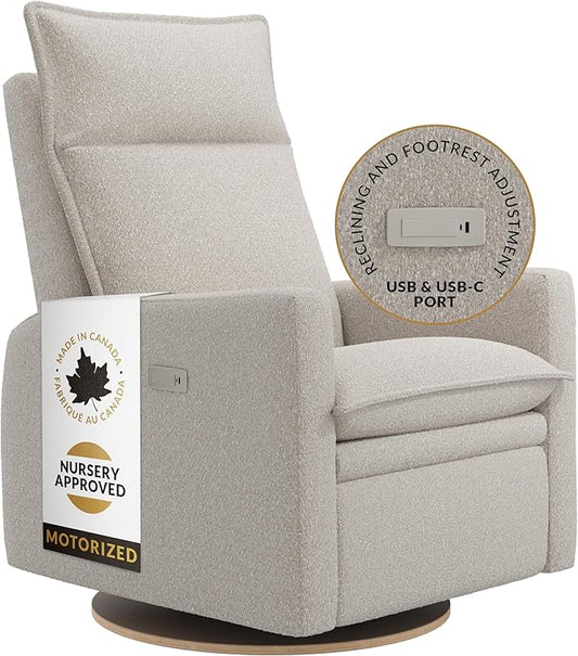 Arya Modern Nursery Chair Glider Recliner with 180° Swivel - Cozy Motorized Reclining Nursing Chair with USB Ports, Gentle Motion, Ergonomic Design, Canadian-Made (Vanilla/Beyond Sheep Fabric)
