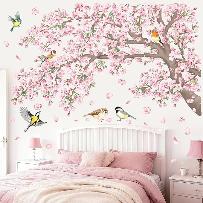 decalmile Large Cherry Blossom Tree Branch Wall Stickers Pink Floral Birds Wall Decals Baby Nursery Bedroom Living Room Home Decor