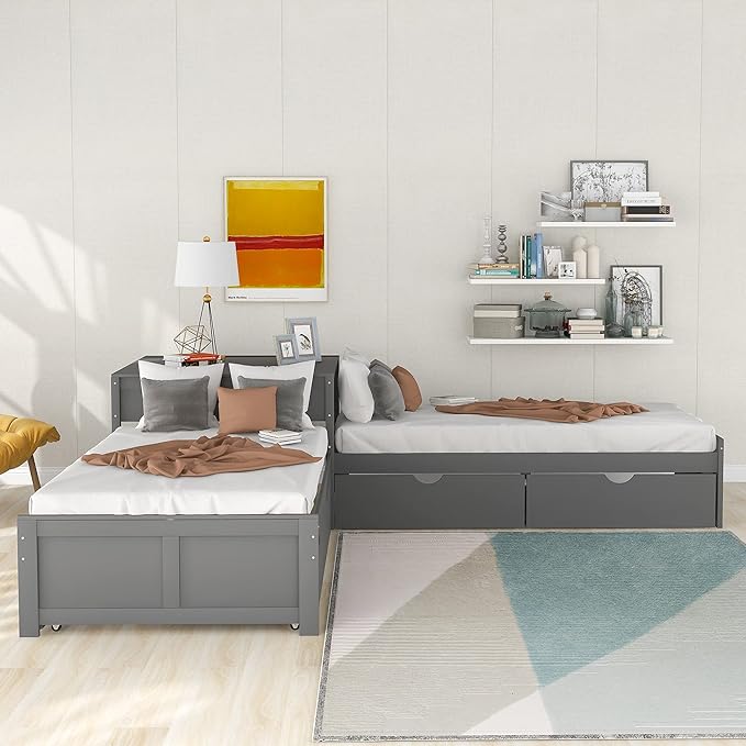 Harper & Bright Designs L-Shaped Platform Bed Frame with Trundle and Drawers Linked with Built-in Desk for Kids Boys Girls, Twin, Gray