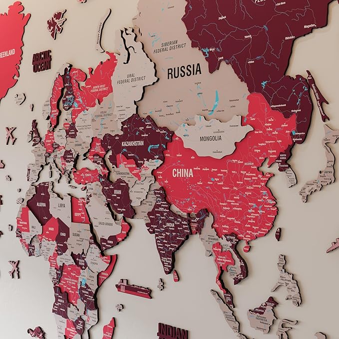Colorfull Worlds 3D Wooden World Map Wall Art - Premium Multicolored World Travel Art for Wall Decor with Push Pins- Ideal Housewarming Gift & Travel Tracker (Large, Crimson)