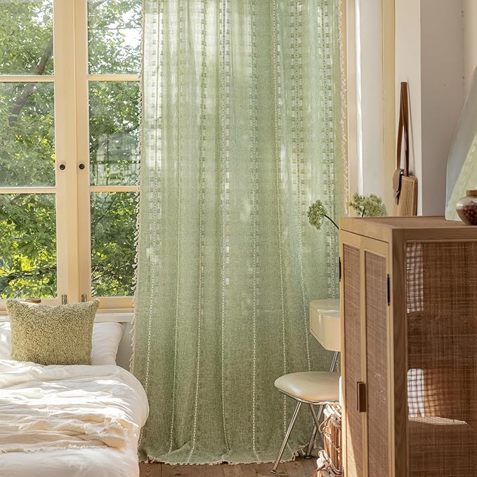 Deeprove Boho Curtain 63 inches Length for Living Room Bedroom Nursery, Retro Casual Bohemian Sheer 63 inches Long Stripe Embroidery Privacy Window Tassel Xmas Decor W52 x L63, 1 Panel Sage Green