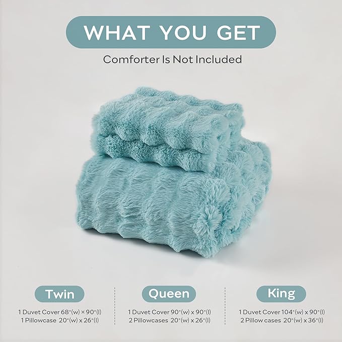 JELLYMONI Plush Duvet Cover Set - King Size Baby Blue Faux Fur Comforter Cover 3pcs Bedding Set Luxury Ultra Soft Striped Fluffy Duvet Cover with Zipper and 2 Pillowcases (NO Comforter)