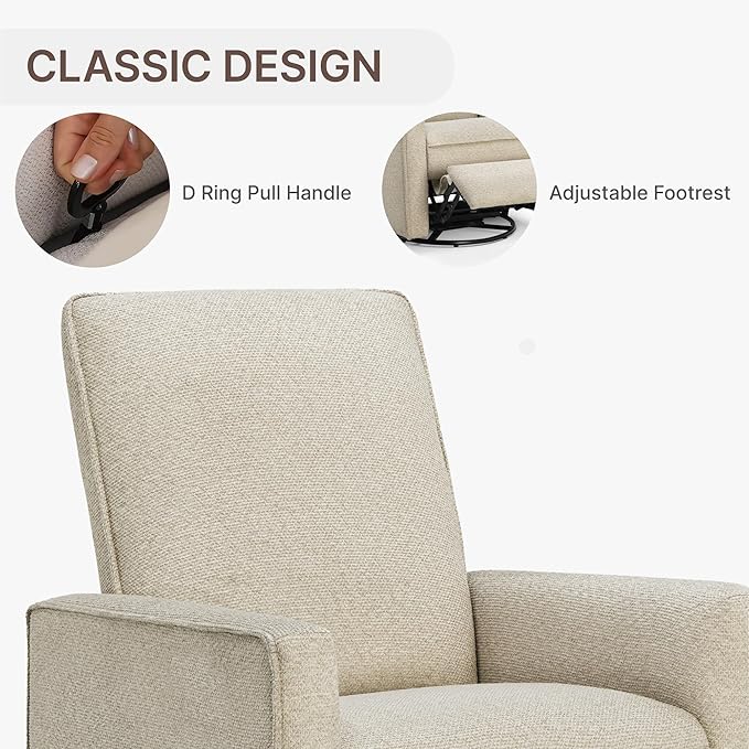 Swivel Rocker Recliner Chair, Nursery Glider Recliner Manual Rocking Comfy Upholstered Fabric Reclining Single Sofa for Nursery Bedroom Living Room