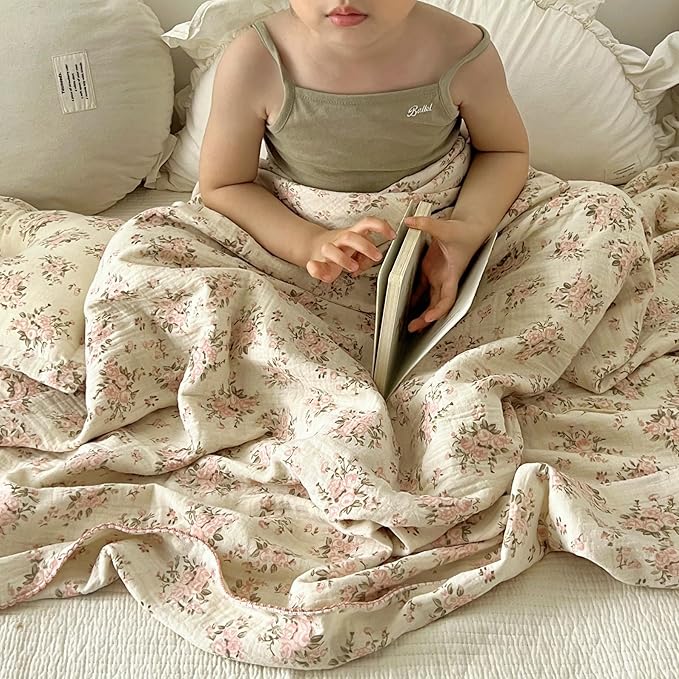 BuLuTu Muslin Baby Blankets for Toddlers Girls Boys, Soft Lightweight Large Crib Blanket 100% Cotton Muslin Baby Quilt for Toddler Bed/Crib/Cot, Floral Print, 47"x51"