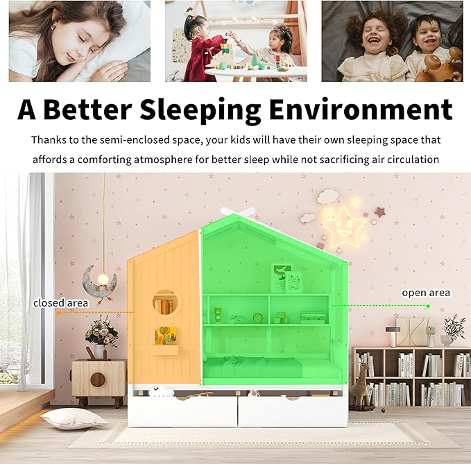 Linique Wooden Full Size House Bed with 2 Drawers and Storage Shelf,Full Platform Bed Frame with Pitched Roof,White