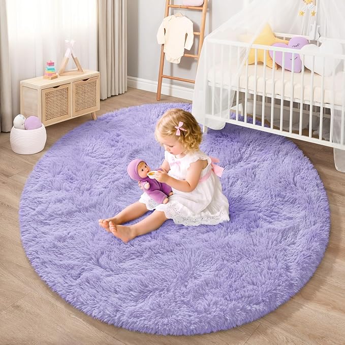 EVOIONOS Lavender Purple Round Rug for Bedroom, 4x4 Ft Fluffy Soft Circle Area Rugs Living Room, Plush Shaggy Circular Carpet Indoor Floor Bedside Kids Nursery, Machine-Washable Home Decor Aesthetic