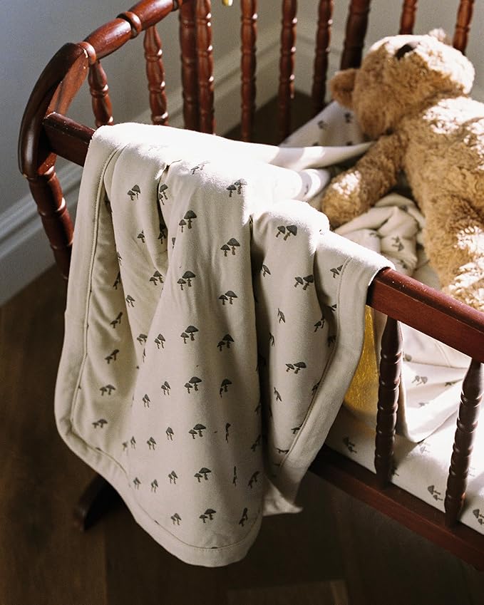 Oilo Baby Blanket, Luxury Plush Chenille Backing & Organic Cotton Jersey Print, Double Layered, 30" x 40", Rolled Jersey Edge Trim, Infant & Toddler Size, Heirloom Organic Collection, Mushroom