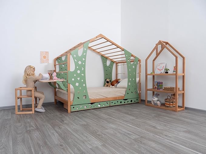 BUSY WOOD Monkey Bed – Twin Frame with Storage & Desk – Montessori Indoor Gym for Kids – Jungle Playground with Drawers & Foldable Table