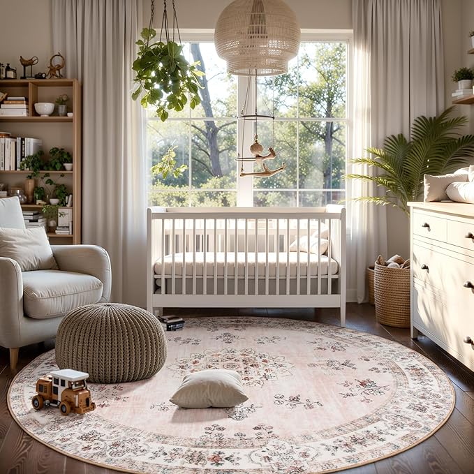 Lahome Washable Pink Round Rug 6ft, Soft Europe Vintage 6x6 Circle Rug for Nursery Girls Bedroom,Non-Slip Floral Pastel Circular Carpet for Living Room Corner Floor Home Office Decor