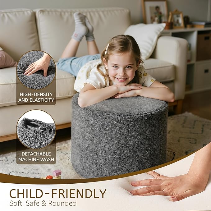 Round Boucle Pouf Ottoman Footrest – Soft & Lightweight Footstool with Full Foam Filling for Living Room, Bedroom