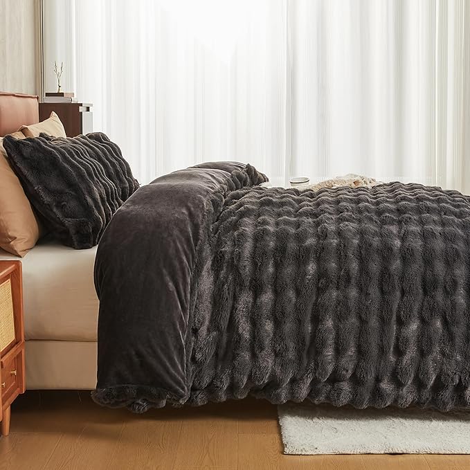 JELLYMONI Plush Duvet Cover Set - Queen Size Dark Gray Faux Fur Comforter Cover 3pcs Bedding Set Luxury Ultra Soft Striped Fluffy Duvet Cover with Zipper and 2 Pillowcases (NO Comforter)