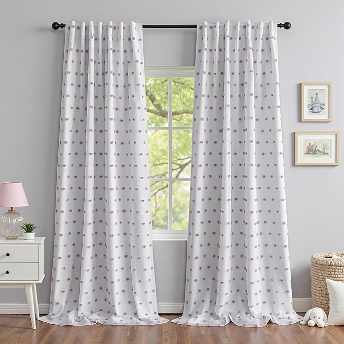 MYSKY HOME 100% Blackout Curtains for Living Room 95 Inch Long Total Light Blocking Curtains for Sliding Door 2 Panels Back Tab Room Darkening Girls Bedroom Drapes Purple Pom Pom Sheer 52 x 95 in