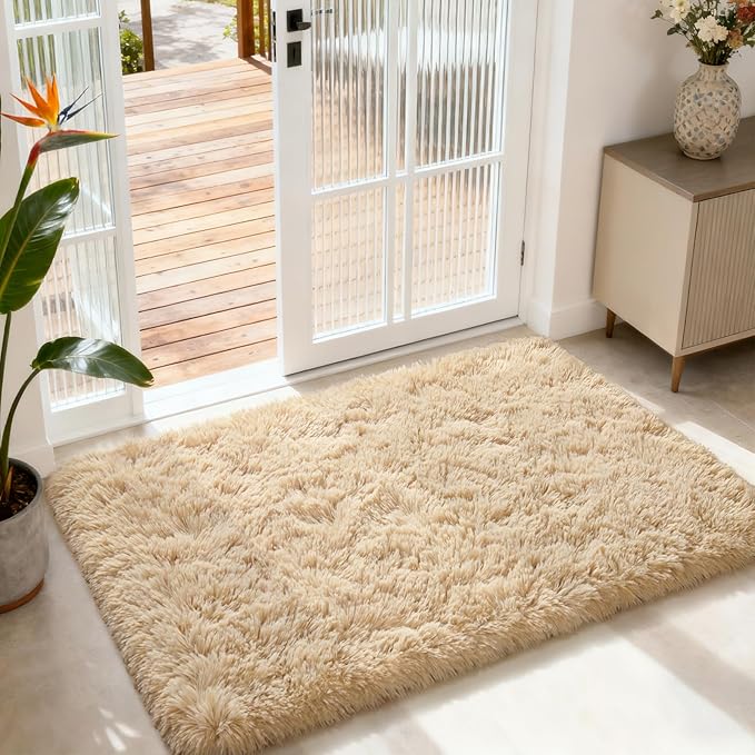 Merelax Modern Soft Fluffy Small Shaggy Rug for Bedroom Livingroom, Soft Non-Slip Kids Room Entryway Throw Rugs, Plush Furry Fur Area Rugs Comfy Nursery Accent Floor Carpet 2x3 Feet, Beige