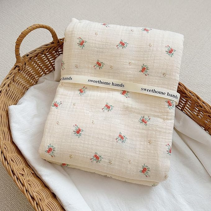 BuLuTu Toddler Blanket Muslin Cotton Baby Blanket Soft Nursery Bed Blankets Shabby Chic Crib Blanket Baby Boys Girls Swaddle Blankets,4-Layer Large Cotton Quilt Blankets,Berry Pattern,47"x51"