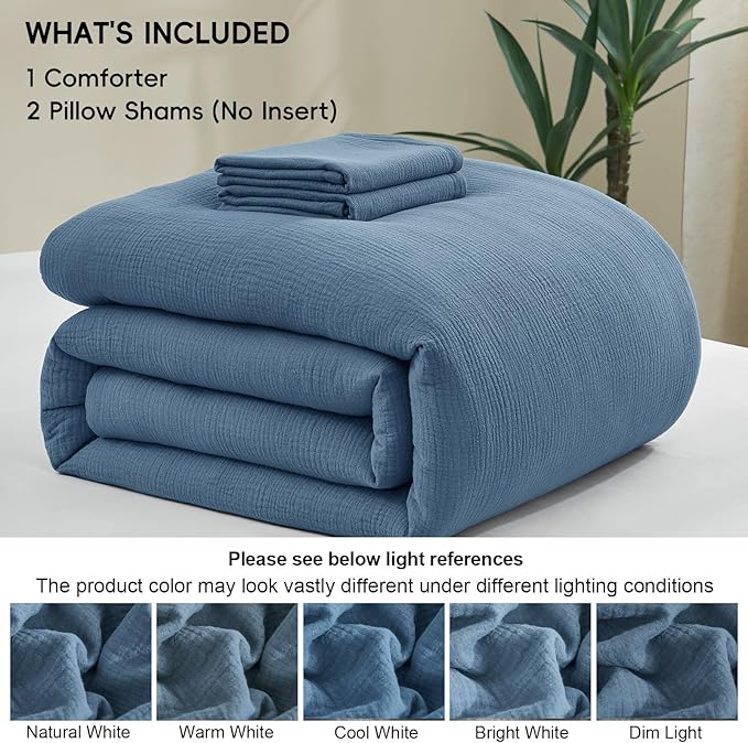 PHF Cotton Muslin Comforter Set Queen Size, Ultra Soft, Breathable & Lightweight All-Season, Filling: 100% Polyester, 3 Pieces with 1 Comforter 90"x90" and 2 Pillow Shams 20"x26", Captain's Blue