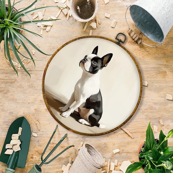 Hiuwevt Vintage Boston Terrier Dog Round Wall Art Decor, Cute Neutral Boston Terrier Framed Canvas Prints, Retro Dog Round Wall Hanging Decor for Home Bedroom Living Room Decorations, 10x10 Inches