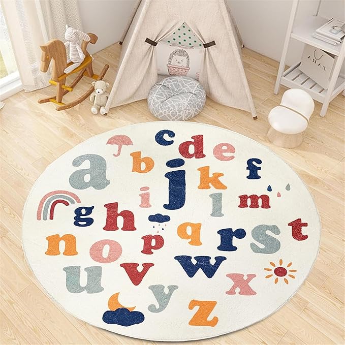 ABC Round Rug,6ft,Children's Educational Learning Area Rug, Colorful Alphabet Kindergarten Area Rug, Soft Fluffy Faux Cashmere Baby Crawling Mat for Living Room, Bedroom, Children's Room