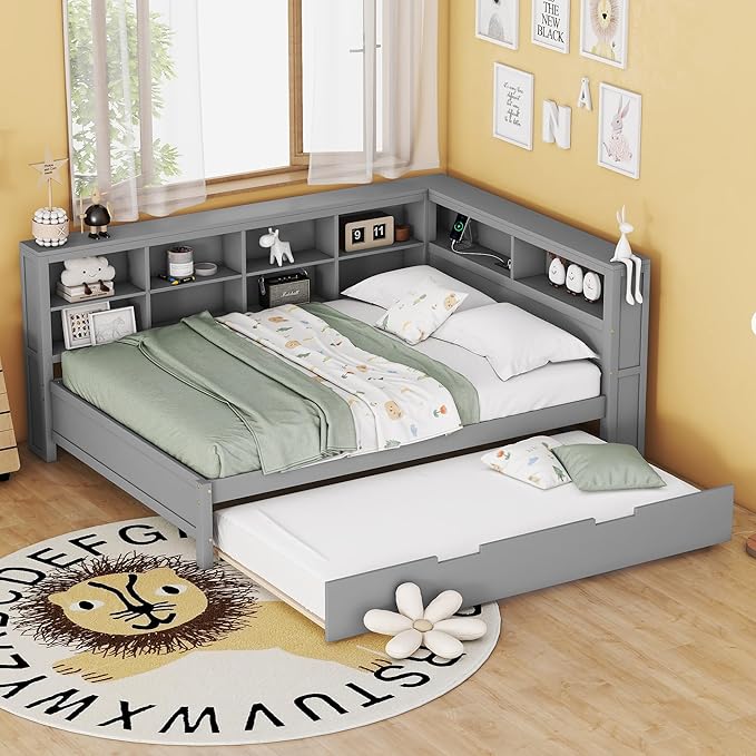 Harper & Bright Designs Full Size Daybed With Trundle and Charging Station, Wooden Storage Bed Frame With L-Shaped Bookcases, Platform Bed With Shelves for Kids Girls Boys, Gray