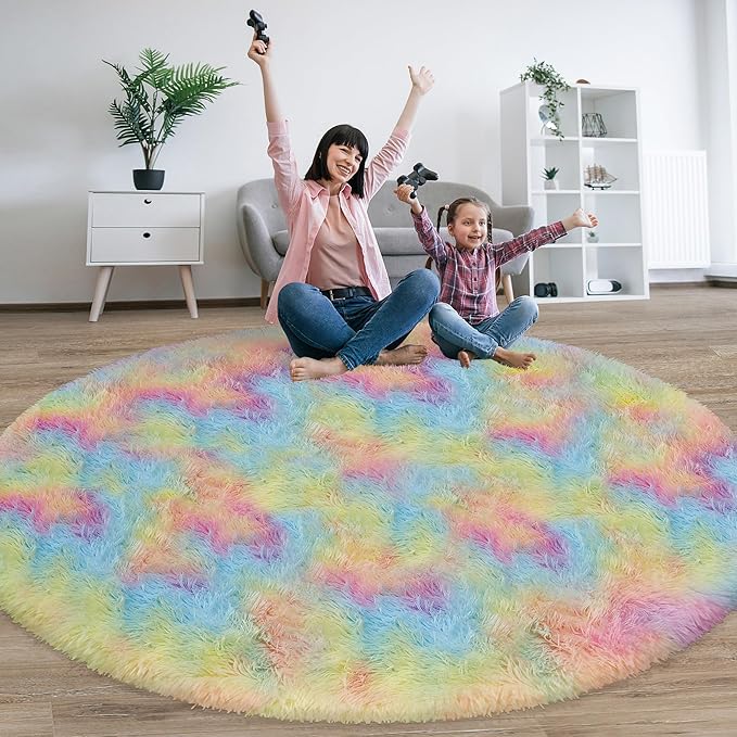 Rainbow Fluffy Round Rug 8Ft for Girls Bedroom, Colorful Soft Shaggy Circular Rug Plush Fluffy Circle Carpet Fuzzy for Nursery Baby Toddler Room Playroom Dorm Iving Room Home Decor