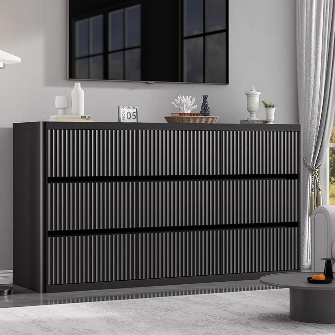 Black 9 Drawers Dresser, 57" Wide Fluted Dresser for Bedroom, Modern Chest of Drawers with Curved Profile, Handleless, Wooden TV Stand with Organizer Storage for Living Room, Entryway