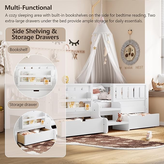 Bellemave Twin Bed with Slats and Stairs, Twin Size Platform Bed Frame with Fence, Bookshelf and Storage Drawers, Easy Assemble Beds for Kids, Girls, Boys, White