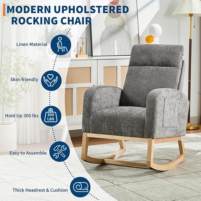 Rocking Chair Nursery, Modern Upholstered Glider Rocker with Side Pocket, Upholstered Lounge Chair with Solid Wood Base for Relaxin, for Living Room, Bedroom