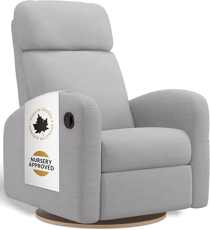 Jaymar Hailey Modern Nursery Glider Recliner Chair (Manual) – Cozy Nursing Chair with 360° Swivel for New Parents, High Back & Low Armrests, Adjustable headrest, Canadian Made (Como Dove Grey)