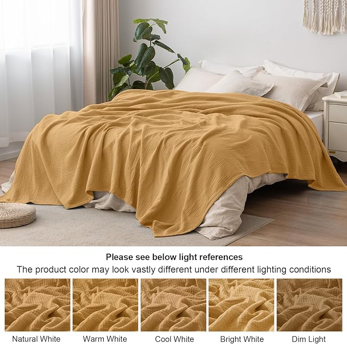 PHF 100% Cotton Muslin Blanket Queen Size 90"x90", 4-Layer Lightweight Gauze Throw, Breathable Cloud-Soft Minimalist Blanket for Bed, Couch, Camping & Baby, Amber, Ideal Gift