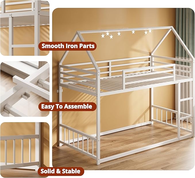 LIKIMIO Bunk Bed Twin XL Over Twin XL, Metal Bunk Bed Frame with Ladder and Guardrail, House Shaped with Metal Slats for Dormitory and Bedroom, Space Saving, No Box Spring Needed, White