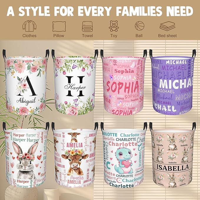 Custom Name Laundry Hamper, Personalized Rabbit Laundry Basket with Name for Boys Girls Kids Men Women, Customized Name Dirty Clothes Basket Gifts for Clothes Toy Bathroom Bedroom Laundry Room Dorm