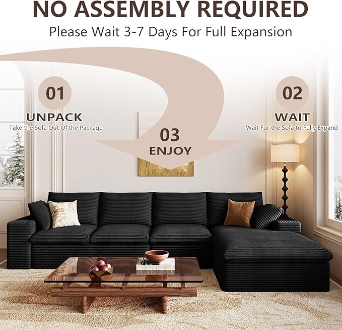 Cloud Sectional Couch,136 Inch Modular Sectional Sofa with Deep Seat, Modern Corduroy Boneless Couches with L-Shape Chaise for Living Room Bedroom, No Assembly Required (Black, Right Facing Chaise)