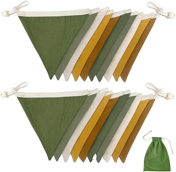 2 Sets of Sage Green Yellow Nursery Garland 24Pcs Fabric Linen Pennant Banner Flags Triangle Streamers for Baby Playroom Decor Kids Jungle Woodland Camper Birthday Baby Shower Boho Party Decorations