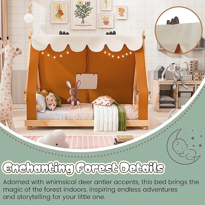 Montessori Floor Bed Twin with Tent & Light, Wood Twin House Beds for Kids, DIY Playhouse, Low-Profile Teepee Bed, Playful Indoor Adventure & Sleep for Girls Boys,Natural+Brown